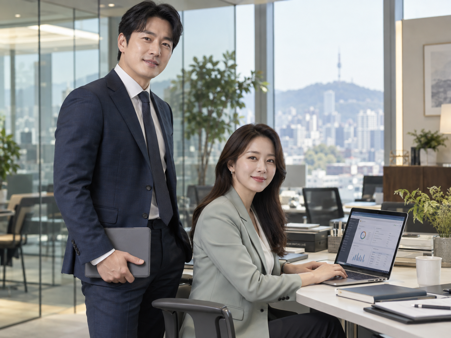 밝은 사무실에서 정장을 입고 서 있는 남성 손해사정사와 노트북으로 업무를 처리하는 여성 손해사정사